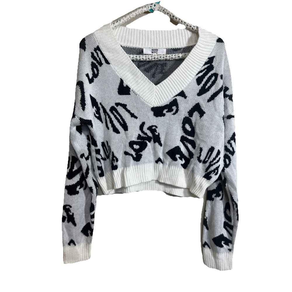 Madden NYC Womens Cropped Love Sweater Size L / Large White With Black Letters